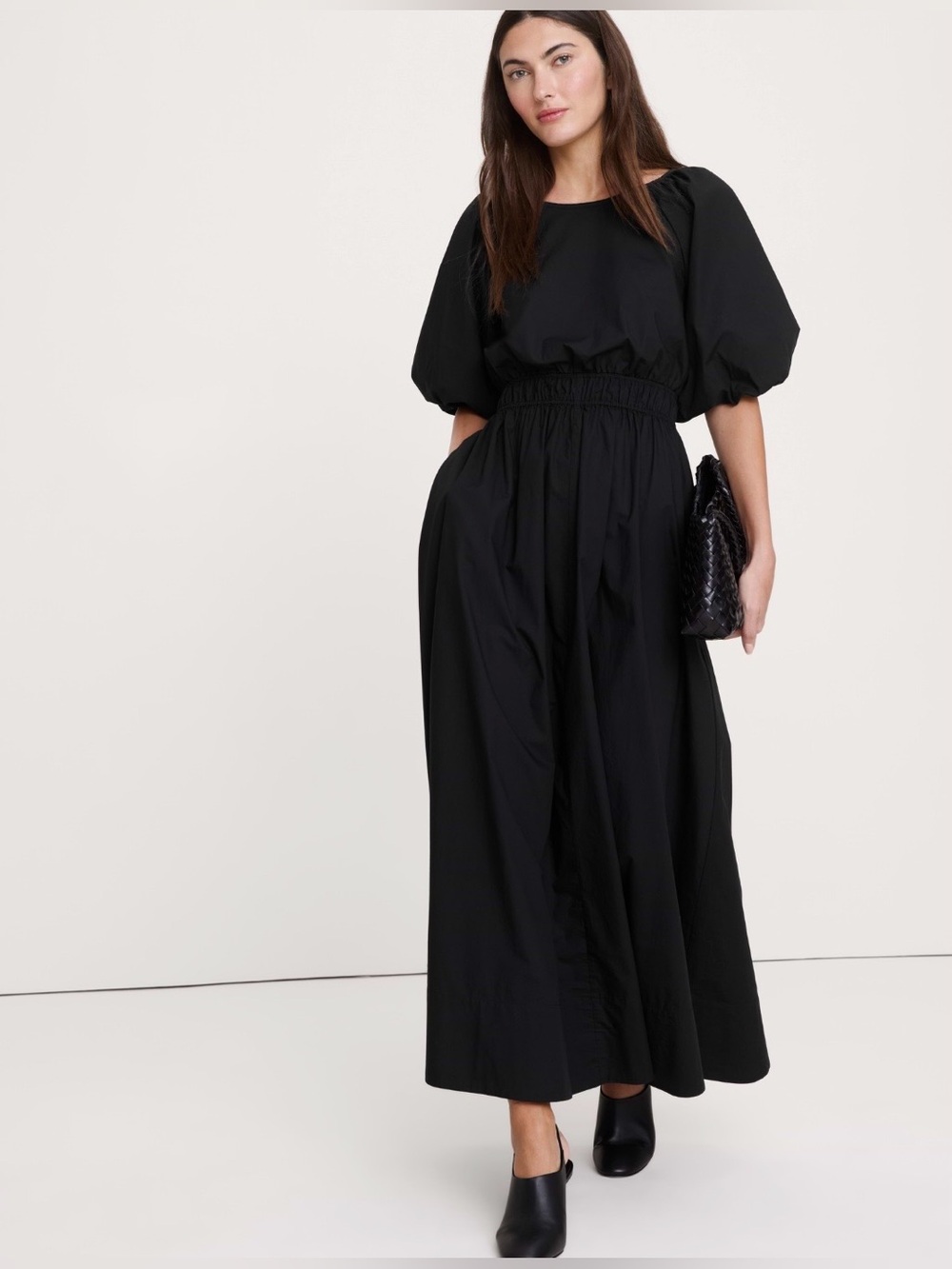 NWT-Banana Republic Black Cotton Poplin Puff-Sleeve Maxi Dress, Medium